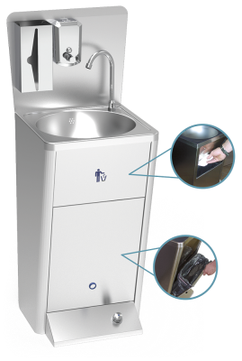Lave-mains inox sur pied intégral à pédale, Avec distributeur de savon et papier, Pas autonome